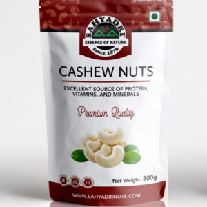 sahyadri Nuts 500g premium pack showing extra large whole raw king cashews grade W180 jumbo kaju kernels