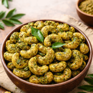 Premium roasted cashews infused with aromatic curry leaf seasoning by Sahyadri Nuts