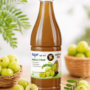 Sugar-free amla juice syrup bottle with fresh green Indian gooseberries — natural diabetic-friendly he