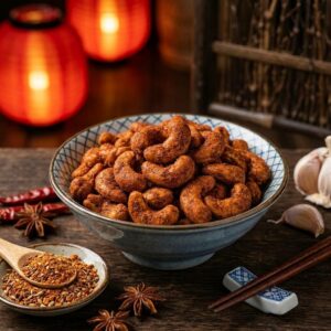 Gourmet Roasted Manchurian Cashews - Deep Reddish-Brown Dry Roast Spice Coating