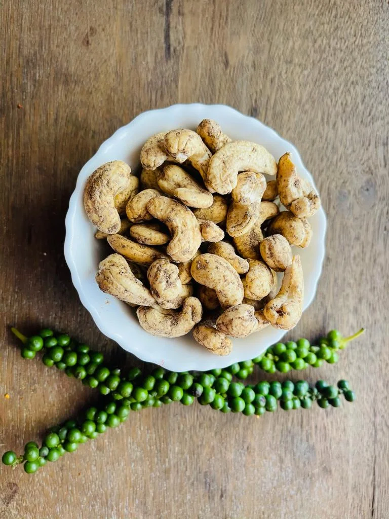 Sahyadrinuts premium black pepper cashews whole size - oil free dry roasted kali mirch kaju snacks India